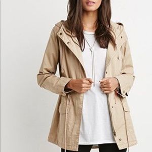 Forever 21 Beige Tan Utility Jacket Coat with Hood and Pockets